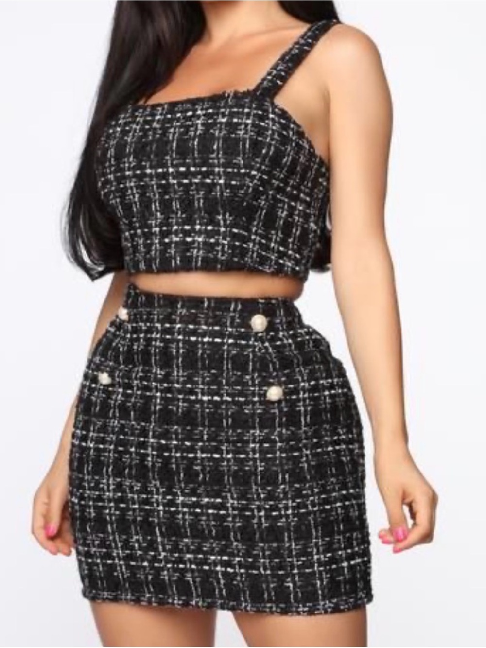 Fashion Nova Black & White Tweed Mini Skirt with Pearl Buttons